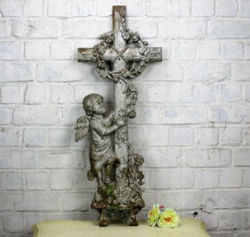 Antique Architectural Victorian Cast Iron French Crucifix Angel Authentic