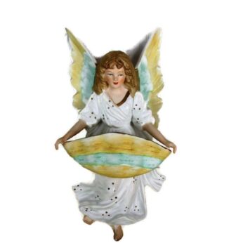 Vintage French Holy Water Font Vessel Bisque Porcelain Angel Collector HTF 7.4"
