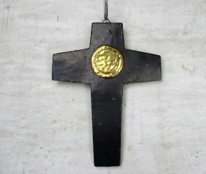 Mid Century Modernist Ceramic Crucifix Chocolate brown Gold Era Perignem HTF
