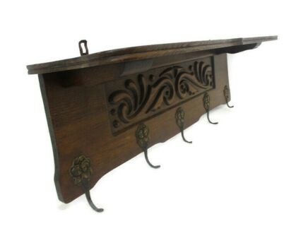 Ornate Hand Carved Wood French Oak Coat Hat Rack Mid century Modern