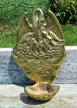 Vintage Holy Water Font Brass Bird Feeding Baby Birds Heron Gorgeous Rare