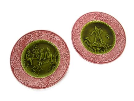 Two Small Plates Majolica Barbotine Art Deco Pink Green Dwarfs Gnomes Kabouters Lovely Rare