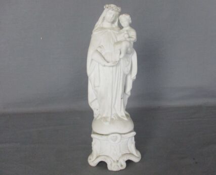 Antique Bisque Porcelain Statue Virgin Our Lady Mary Madonna with Infant Jesus Gorgeous Marked Flower Wreath Garland 9.05"
