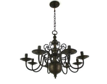 Antique Flemish Dutch Double Chandelier 8 Arms Lights Bronze 19th Century Candle
