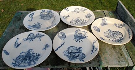 Vintage Faience Plates French Terre de Fer Yoko Marked Japanese Style