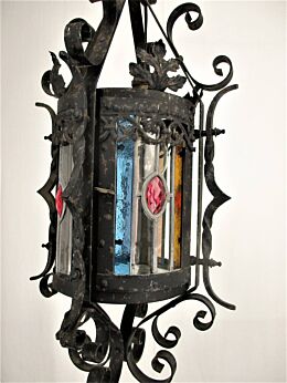 Vintage French Lantern Chandelier Pendant Wrought Iron Leaded Stained Glass HTF