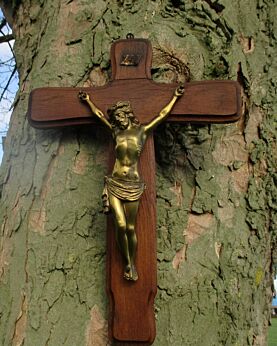 Large Vintage Oak Hanging Crucifix Cross Jesus Christ Brass Corpus 19.68" Lovely