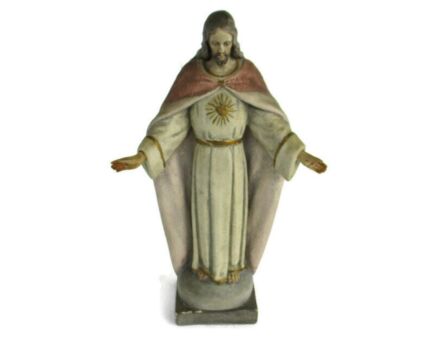 Statue Jesus Christ Savior Open Arms Stoneware Polychrome HTF Collector Vintage