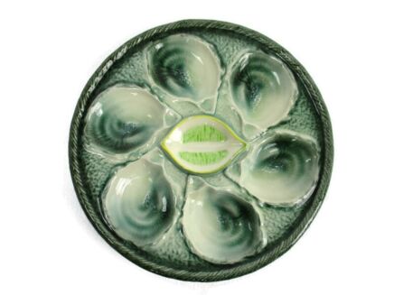 French Oyster Plate Faience Ceramic Majolica Green Glazed Beautiful