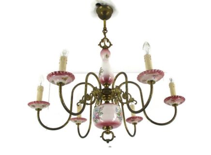 Chandelier 6 arm Lights Italian Porcelain Flowers Ornate Brass Mid Century