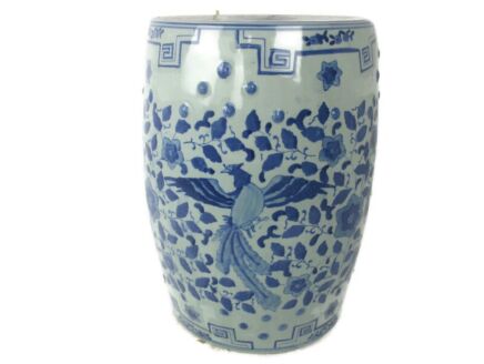 Vintage Chinese Porcelain  Garden Stool Side Table Pedestal White Blue Chinoiserie Hand Painted Celadon Bird of paradise
