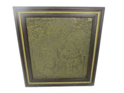 Hammered Copper Framed Wood Ornate Wall Decor Plaque Bas Relief Lovely Breughel Scene