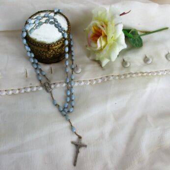 Vintage blue gray resin Rosary Catholic Nun Necklace Prayer Beads Decorative