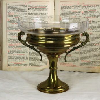 Vintage Brass Communion dish Bowl Ciborium Tray Etched Glass Catholic Church