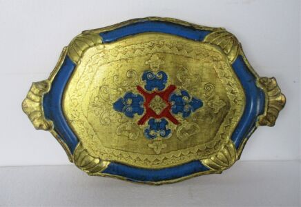 Mid Century Hollywood Regency Florentine Serving Tray Beautiful Blue Gold Wood