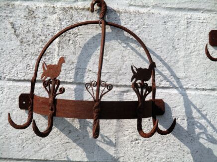 antique French Wall Hanging Butcher Rack Cast Wrought Iron 5 Hooks Ducks Rustic