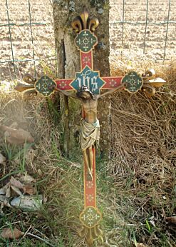 Antique French Wood Hanging Crucifix Altar Fleur de Lis Polychrome 19th Century