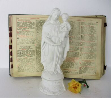 Antique Bisque Porcelain Statue Virgin Our Lady Mary Infant Jesus Gorgeous Marked L&M 13.38"