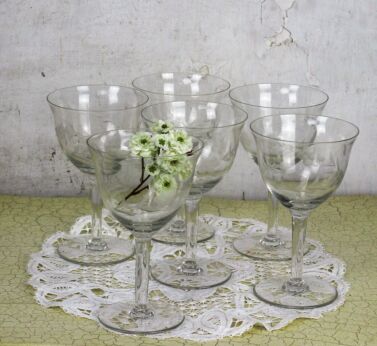 6 antique Large Etched clear glass wine cocktail glasses Coupe stemware Flowers