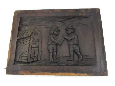Breughel Scene Outhouse Hand Carved Wood Wall Panel Bas High Relief Tableaux