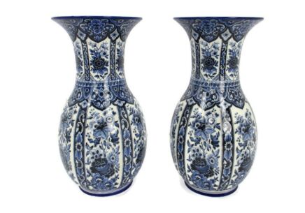 Large Pair Couple Trumpet Vases Delft Holland Blue White Porcelain Marked Hand Painted