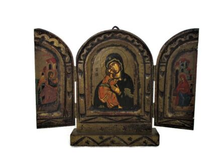 Miniature Triptych Art Panel Traveling Icon Madonna Magnificat Small HTF Collector