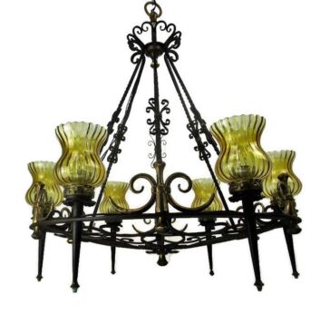 Huge Castle Chandelier 6 Lights Amber Glass Shades Wrought Iron Gold Black