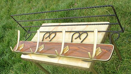 Vintage Mid Century Wood panel Brass Coat Hat Rack Wrought Iron Authentic