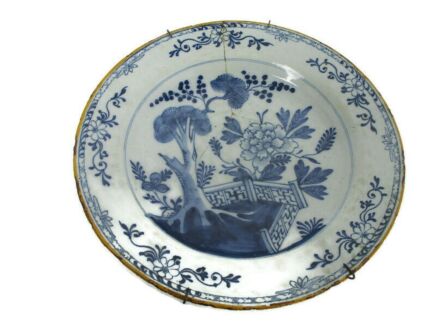 18th Century Delft Wall hanging Charger Plate Blue White Antique Flower Pattern Basket D 13.77" marked porcelain Axe?