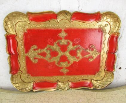 Mid Century Hollywood Regency Florentine Serving Tray Red Gold Gilt Resin Italy