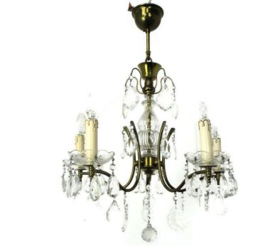 Chandelier Revival French Empire Therese Style Brass Ornate Prisms 5 Lights Arm