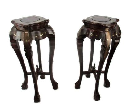Pair Tall Carved Hard Wood Plant Bonsai Tables Pedestal Inlay Mother of Pearl