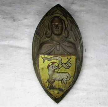 Antique Brass Ornate plaque Church Shield Jesus Christ Lamb of God Collector