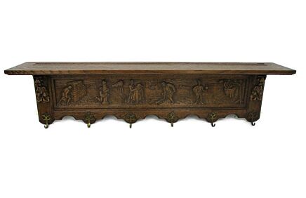 Hand Carved Wood Wall Shelf Coat Kitchen Rack Medieval Scenes Lion Heads Antique