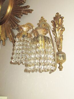 Antique Italian Petite Empire Brass Prisms Chandelier Sconce Wall Lamps pair