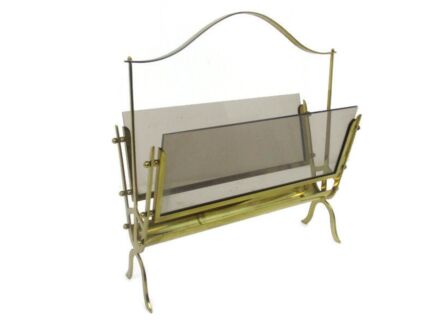 Vintage  Brass Lucite Modernist Magazine Newspaper Basket Rack