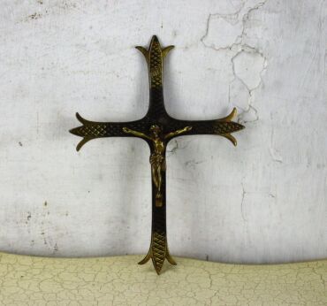 Small vintage Hanging Crucifix Jesus Christ Brass Copper Ornate French 11.02"