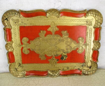 Mid Century Italy Hollywood Regency Florentine Serving Tray Orange Gold Resin