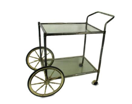 Bar Cocktail Tea Cart Trolley Hollywood Regency Kitchen Island Brass Bamboo Style Smoked Glass