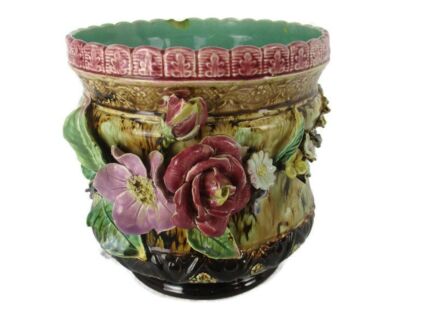 Planter Cache Pot  French Pottery Faience Majolica Flowers Antique  Art Nouveau  Gorgeous