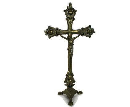 Brass Table Standing Crucifix Cross Jesus Christ Calvary Ornate 15.15"
