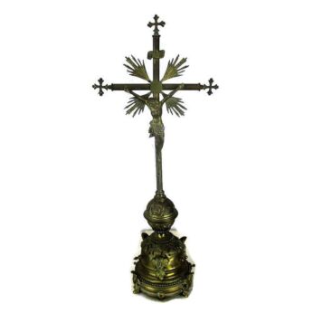 French Antique Standing Embossed Crucifix Jesus Christ Fleurs de lis Monstrance
