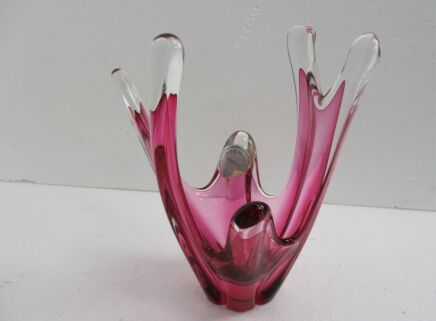 Beautiful Art Glass Centerpiece Bowl Fruit Dish Cranberry Clear Val St Lambert Marked