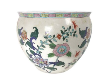 XL Vintage Chinese Porcelain Enamel Famille Rose Koi Fish Bowl Planter Vase  Cachepot Flowers Flowers Enamel  Stunning