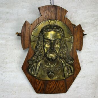 Wall Plaque Brass on Wood Jesus Head of Thorns Holy Heart art deco