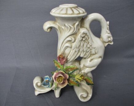 Italian Bassano Candle Holder Dragon Flowers Italy Marked Lovely Porcelain