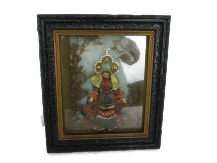 Antique 1800s Folk Art hand Made  Our Lady  Madonna Regina Virgin Mary Shadow Box