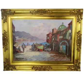 A. De Gugliemo Italian Fisherman Village Boats Lovely XL Oil Painting Canvas Framed Gorgeous Frame