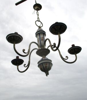 Vintage French Porcelain Chandelier Light Lamp Blue Brass Ceiling
