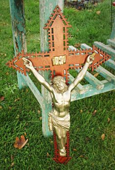 Large Carved Wood Hanging Crucifix Cross Zamac Silver Metal 24.21"